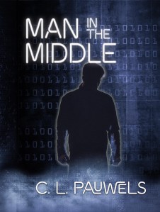 Binary text in white on gray-gradient background with a black silhouette of a person - "Man in the Middle" by C.L. Pauwels